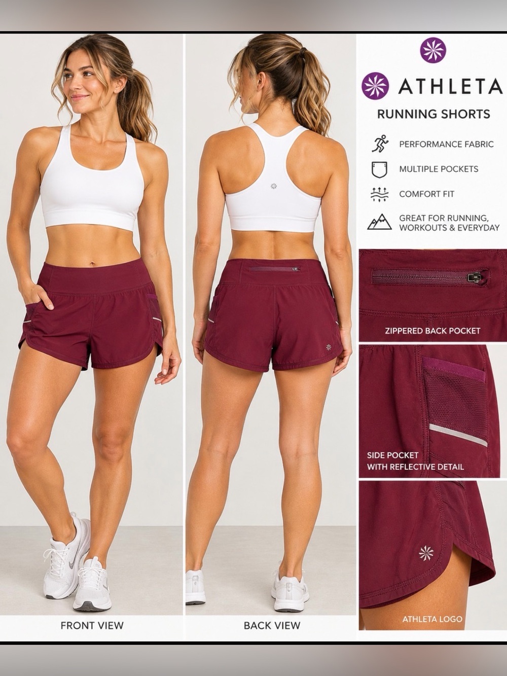 Athleta Women’s S Burgundy Running Shorts Reflective Pockets 4” Inseam
